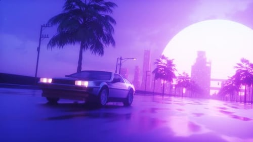 Car Riding On Endless Road With Cityscape View Synth Wave Looped Backdrop
