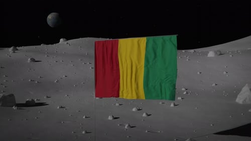 Guinean Flag Waving on Moon Surface with Earth in Distant Background