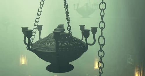 Lustre suspendu élégant illuminant un intérieur historique brumeux