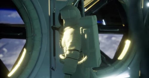Astronaut Exploring a Space Station During a Mission Above the Earth