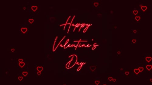 Happy Valentine's Day Neon Glowing Text with Animated Hearts
