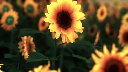 Field with Yellow Sunflowers at Sunset in Summer