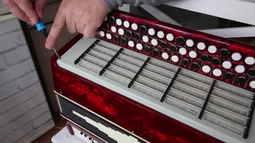 Repairing a Red Accordion with Screwdriver