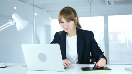 Professional Woman Working at Computer with Stylus