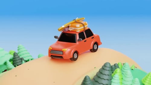 Car's Joyful Adventure: A Toon Summer Vacation Road Trip. 3D Animation