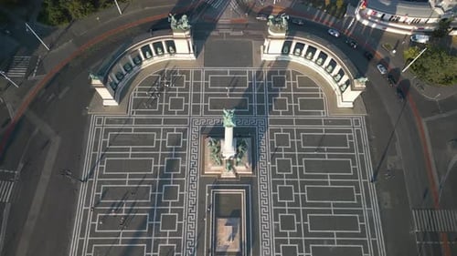 Drone Descends Above Heroes' Square and Millennium Monument in Budapest