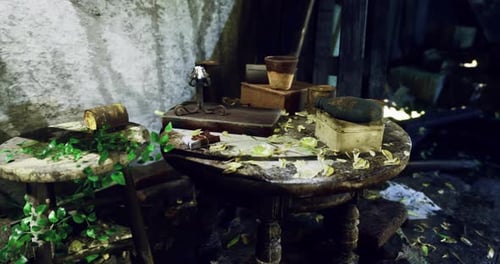 An Abandoned Workspace Features a Rustic Table Covered in Leaves and Papers