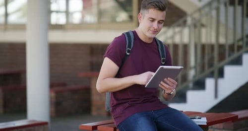 Student, man and tablet on campus, university or college for e learning research