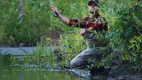 Pesca com mosca. Angler fica na costa densa e lança a linha rio abaixo do estreito riacho
.