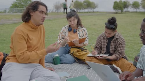 Group of College Friends Doing Homework on Green Lawn in Park