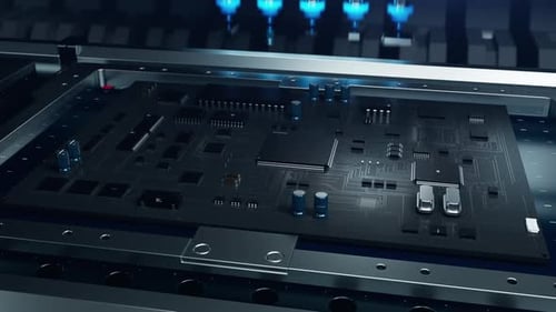 production of microelectronics system chips using manipulators on a conveyor line.