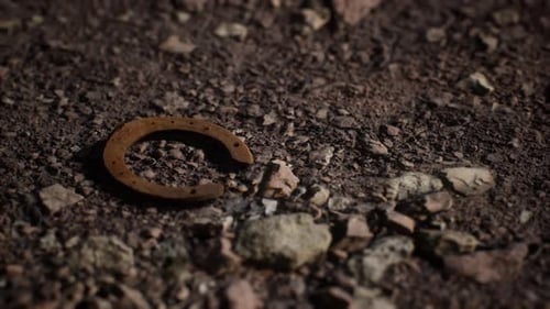 Cinematic Dolly Shot of Rusty Horseshoe on Rocky Ground