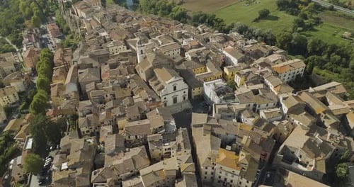 Aerial view of medieval old town rooftops, Italy.