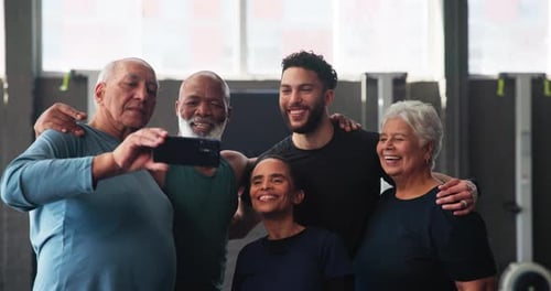 Selfie, people and happy in gym for fitness, support and health in retirement
