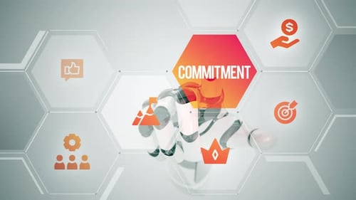 Robot Hand Interacting with Commitment Business Icons and Hexagon Grid