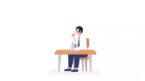 Animated Flat Design Person Taking a Lunch Break at Desk