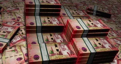 Saudi Arabia Rial 100 banknote packs - flying over SAR money stack