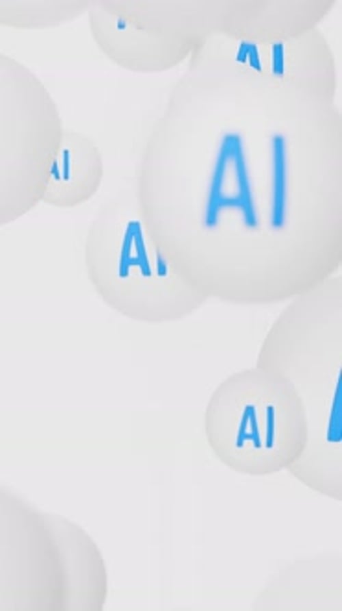 White Bubbles with AI Text Flying Upwards on White Backdrop Artificial Intelligence Rise Concept 3d