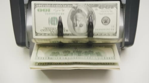 Money Counting Machine 100 US Dollar Bills Flow Close Up
