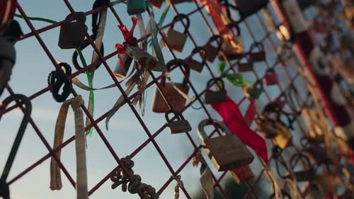 Love Locks Secured to a Fence with Ribbons