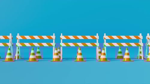 Moverse por una línea de conos de tráfico anaranjados y una barrera sobre fondo azul con advertencia de seguridad o menos