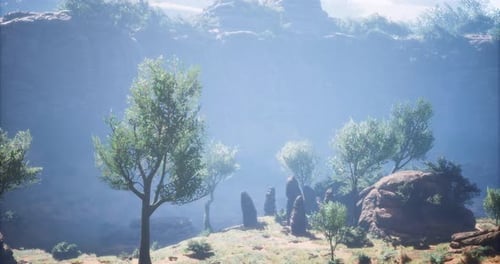 Majestic Landscape Showcasing Ancient Rock Formations and Lush Greenery