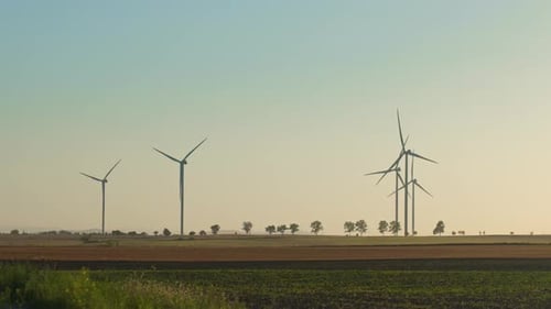 Wind turbines farm in countryside landscape at sunset