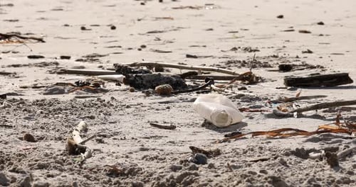 Close-up of a plastic bottle amidst debris on a sandy beach, highlighting pollution
