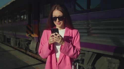 A Gorgeous Woman in a Pink Suit is Standing at the Train Station Talking on Her Mobile Phone