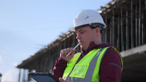 Construction Worker Reviews Tablet at Construction Site