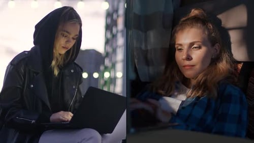 Two Young Adults Using Laptops in Different Locations