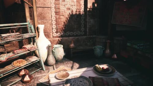 Rotating Middle Eastern Bazaar with Decorative Items and Sunlight