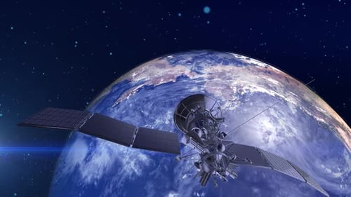 Animated 3D Satellite Deploying Solar Panels Orbiting Earth
