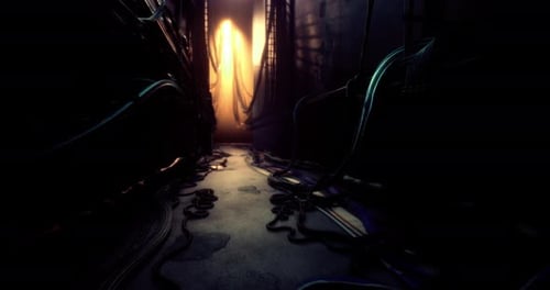 Mysterious Corridor Illuminated By a Warm Light Creating an Eerie Atmosphere