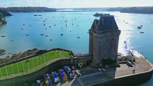 Upward drone movement from the famous and beautiful Solidor Tower, Saint-Malo, Brittany in France.