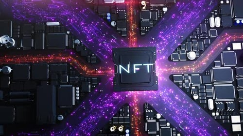 Die Überschrift „NFT“ über dem Prozessor erscheint im digitalen Rauschstil.