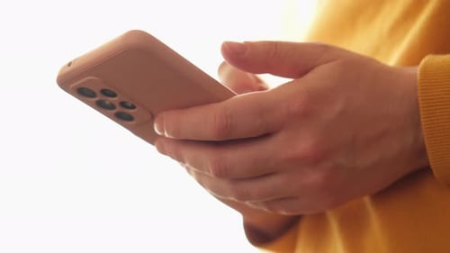 Woman Hand Holding Cell Phone Touch Screen Typing Scroll Page Using App Smartphone Mobile Phone