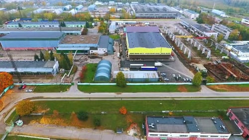 Drone View Warehouse Area on Territory Industrial Plant. Aerial View Production Warehouse