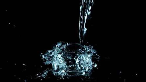 Un chorro de agua cae en un recipiente de vidrio sobre un fondo negro y crea un chorrito de agua