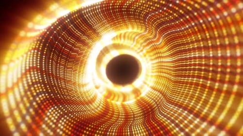 Abstract yellow gold energy tunnel made of particles and a grid of high-tech lines