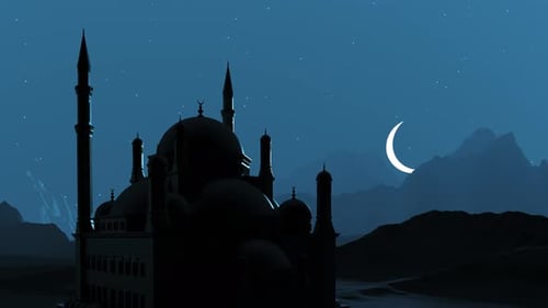 Une grande lune se lève au-dessus de la mosquée pendant le Ramadan.