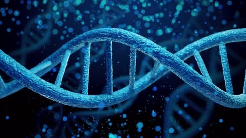 Animated DNA Double Helix Rotation with Blue Particles Background