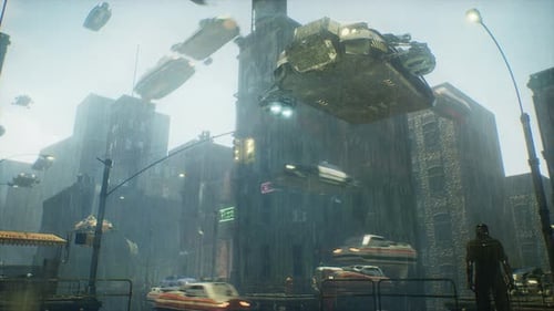 Rainy Futuristic Cityscape with Hovering Vehicles