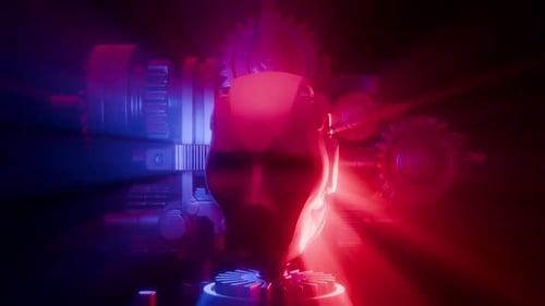 Animation futuriste de science-fiction en 3D, arrière-plan infini, tête de mécanicien androïde ou robot