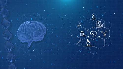 Digital Medical Interface Animation with Brain DNA and Healthcare Icons