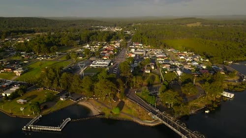 Left to right sunrise, aerial views in the regional town of Karuah, New South Wales, Australia.