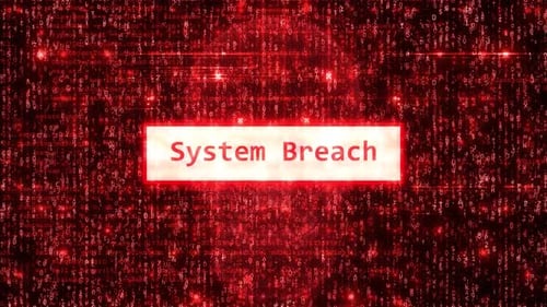 Alerta de violação do sistema de computador em fundo vermelho de hackers com matriz binária animada