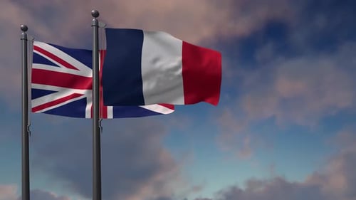 United Kingdom and France Flags Waving with Realistic Clouds