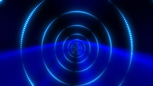 Blue energy digital circles tunnel frame made of lines and dots futuristic magical glowing bright