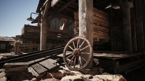 Rustic Wooden Wagon Wheel in Old Barn Scene